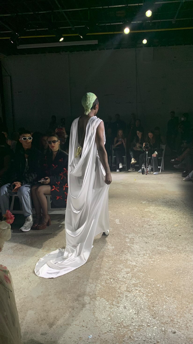 White Satin Charmeuse Drape Dress