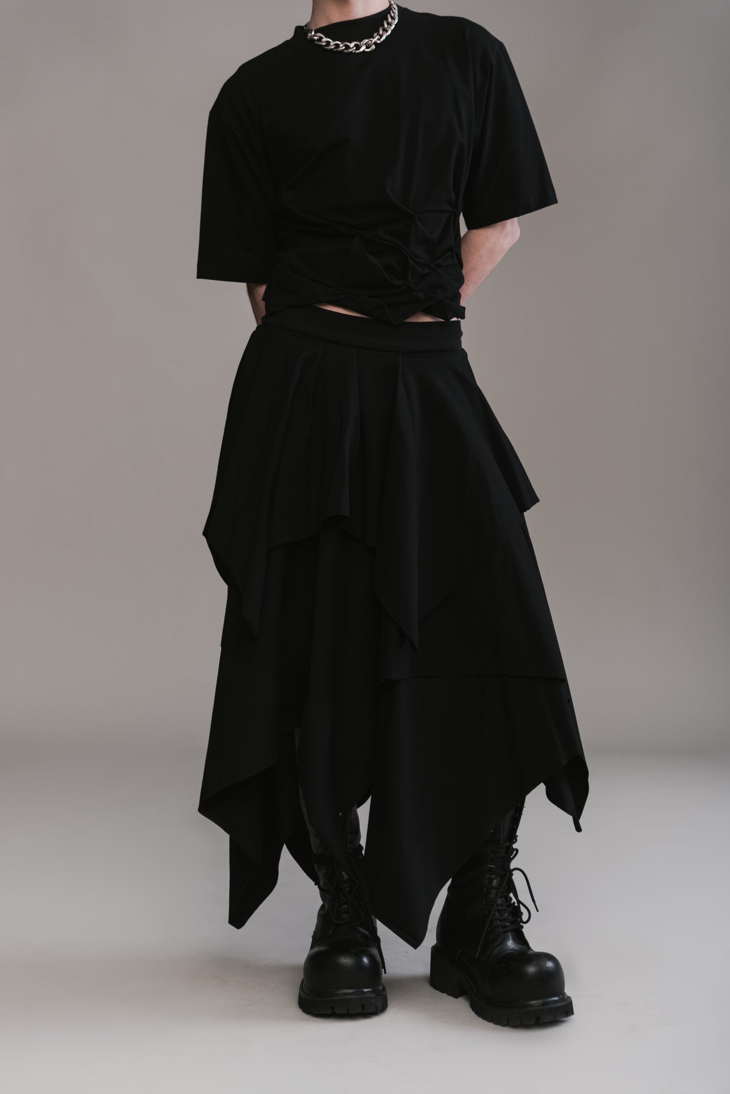 Twisted T-Shirt & Layered Jersey Skirt