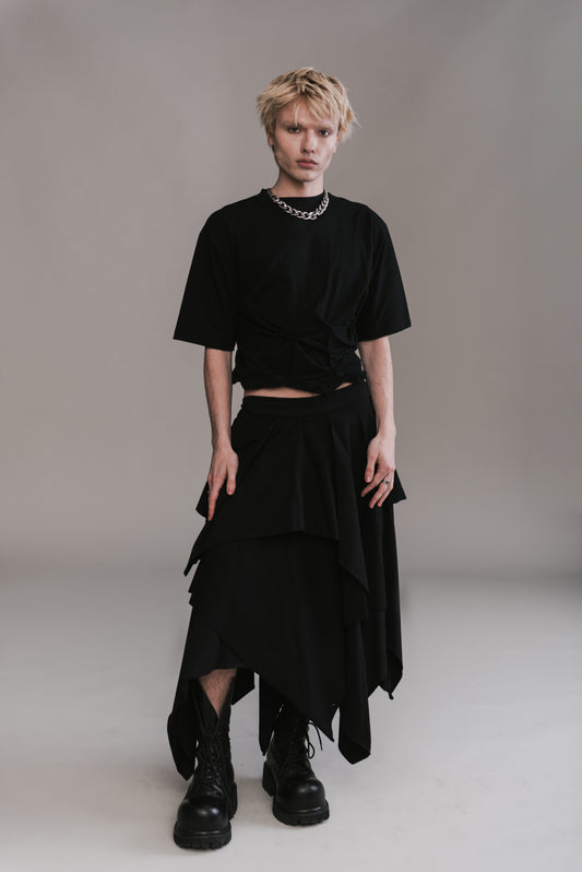 Twisted T-Shirt & Layered Jersey Skirt